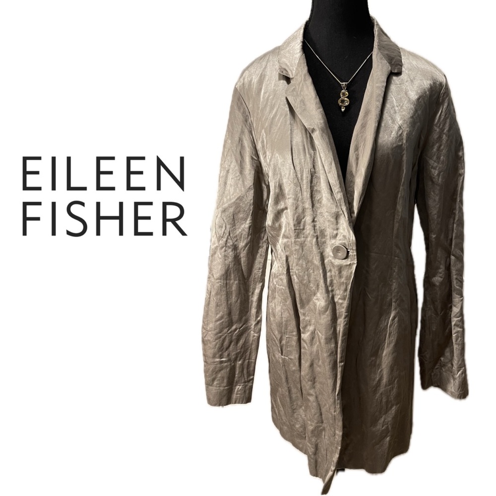 Eileen Fisher Satin Metallic Crinkle Blazer Notch 1 Button Champagne Jacket Sz L - Picture 4 of 11